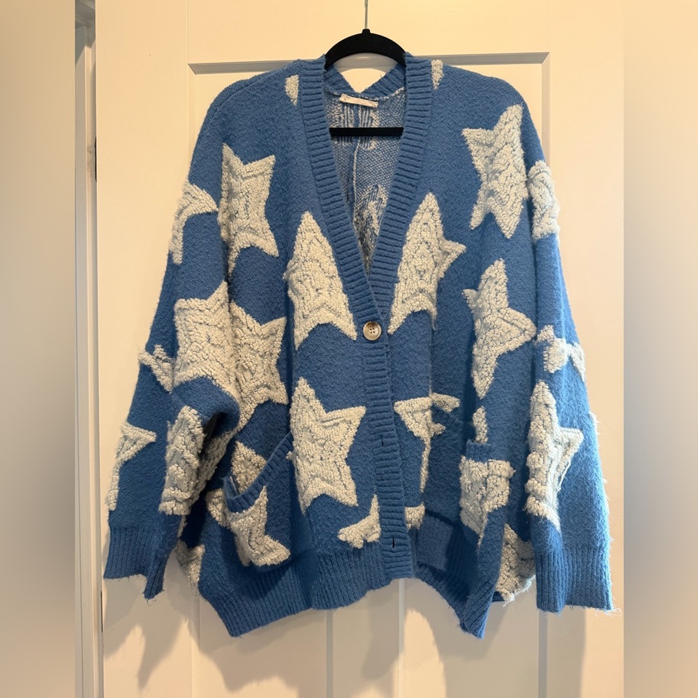 TALULAH Blue Cardigan with White Star Pattern